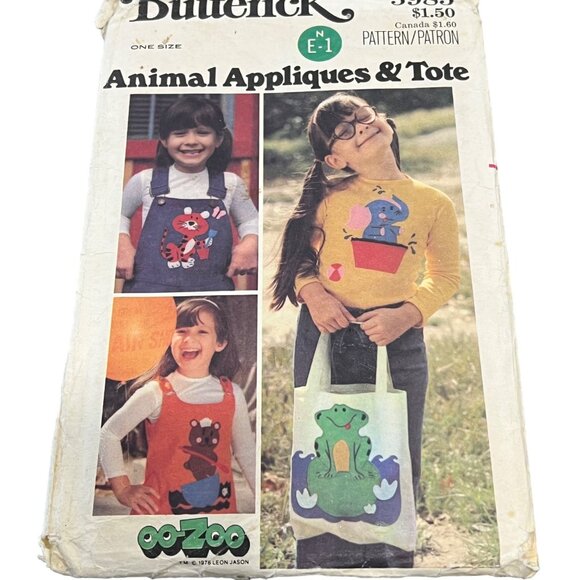 Butterick Zoo 5985 Child's Animal Appliques & Tote Sewing Pattern - Picture 1 of 2